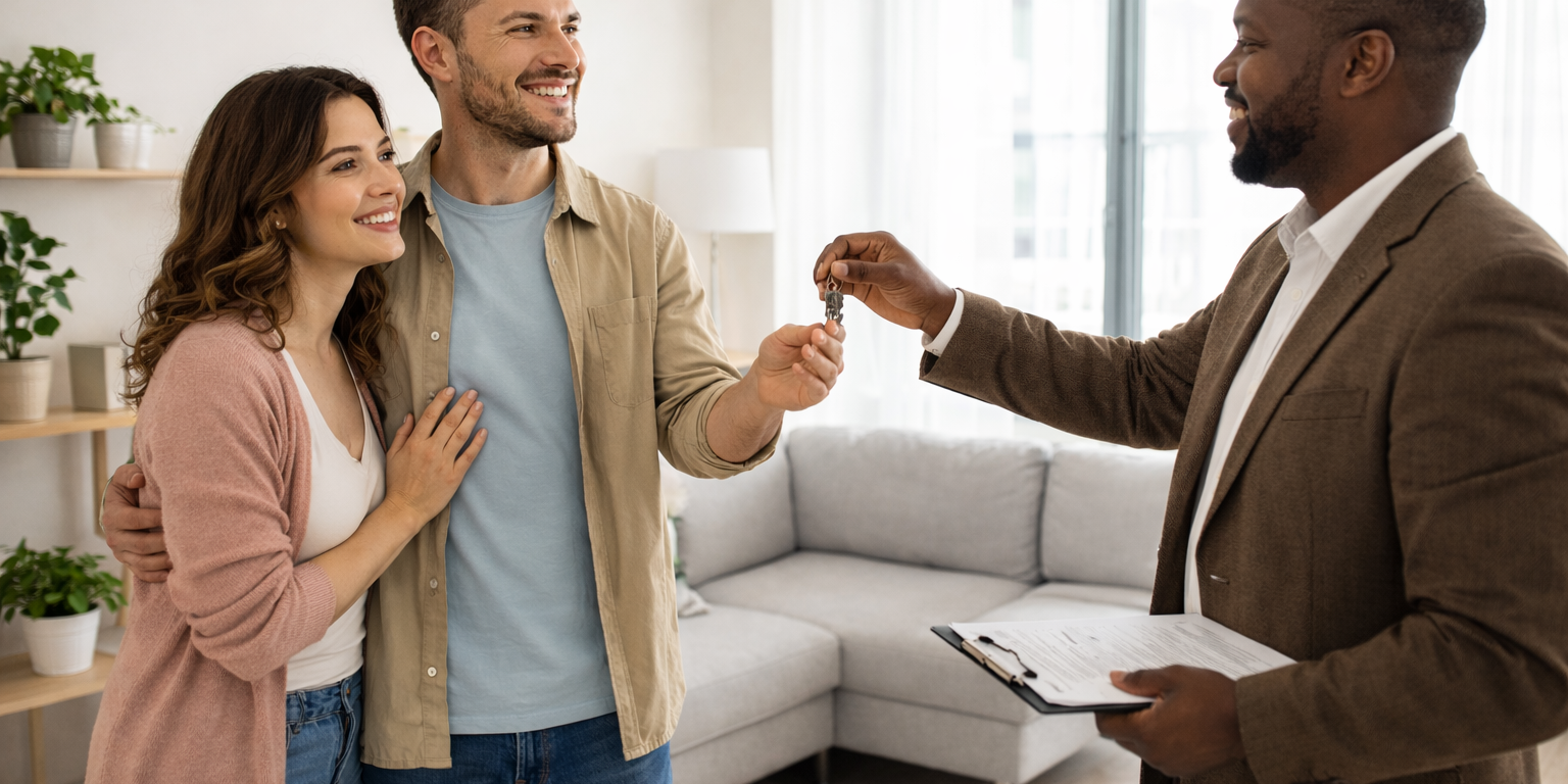 Couple finalisant un investissement solidaire : réception des clefs de l'appartement qu'ils vont pouvoir louer.