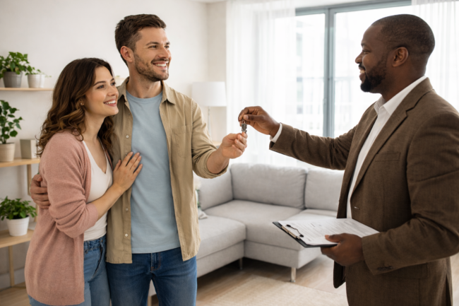 Couple finalisant un investissement solidaire : réception des clefs de l'appartement qu'ils vont pouvoir louer.