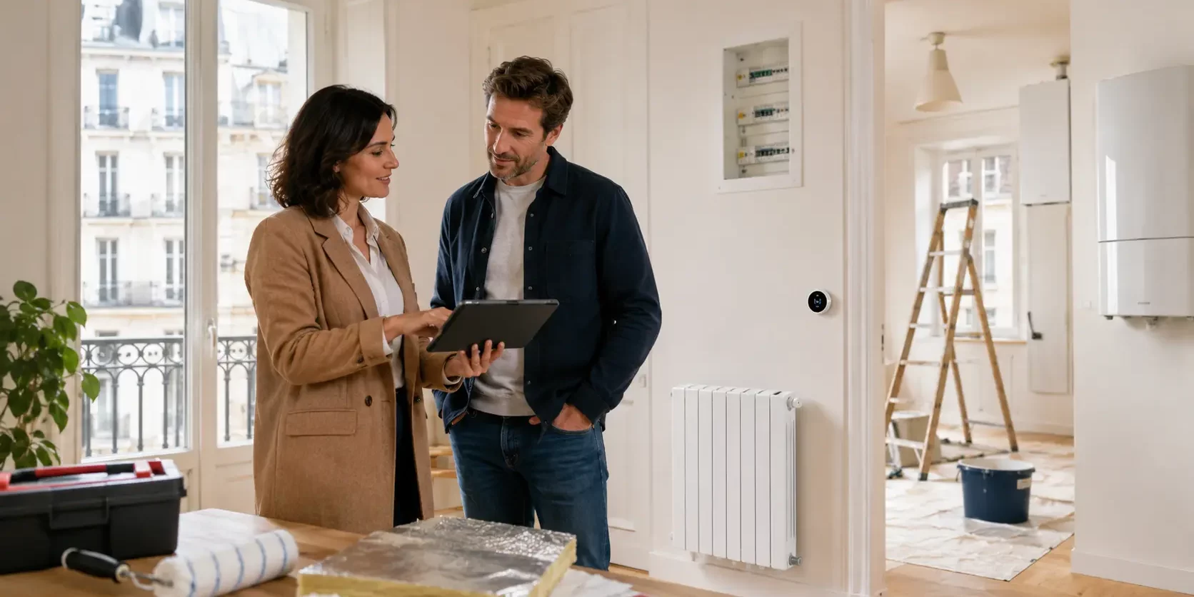 Une femme expliquant au propriétaire l'ensemble des travaux à réaliser dans son logement avant de pouvoir le mettre en location