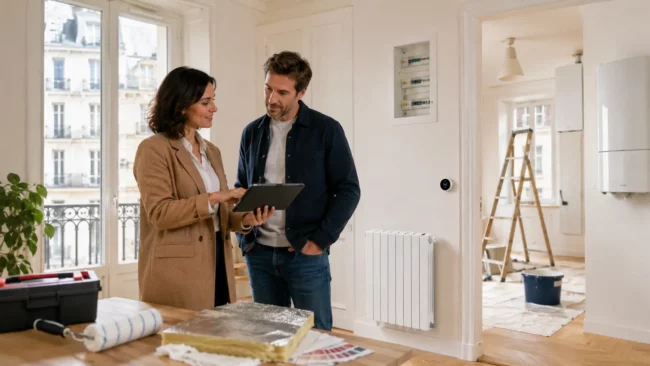 Travaux-renovations-avant-location Une femme expliquant au propriétaire l'ensemble des travaux à réaliser dans son logement avant de pouvoir le mettre en location