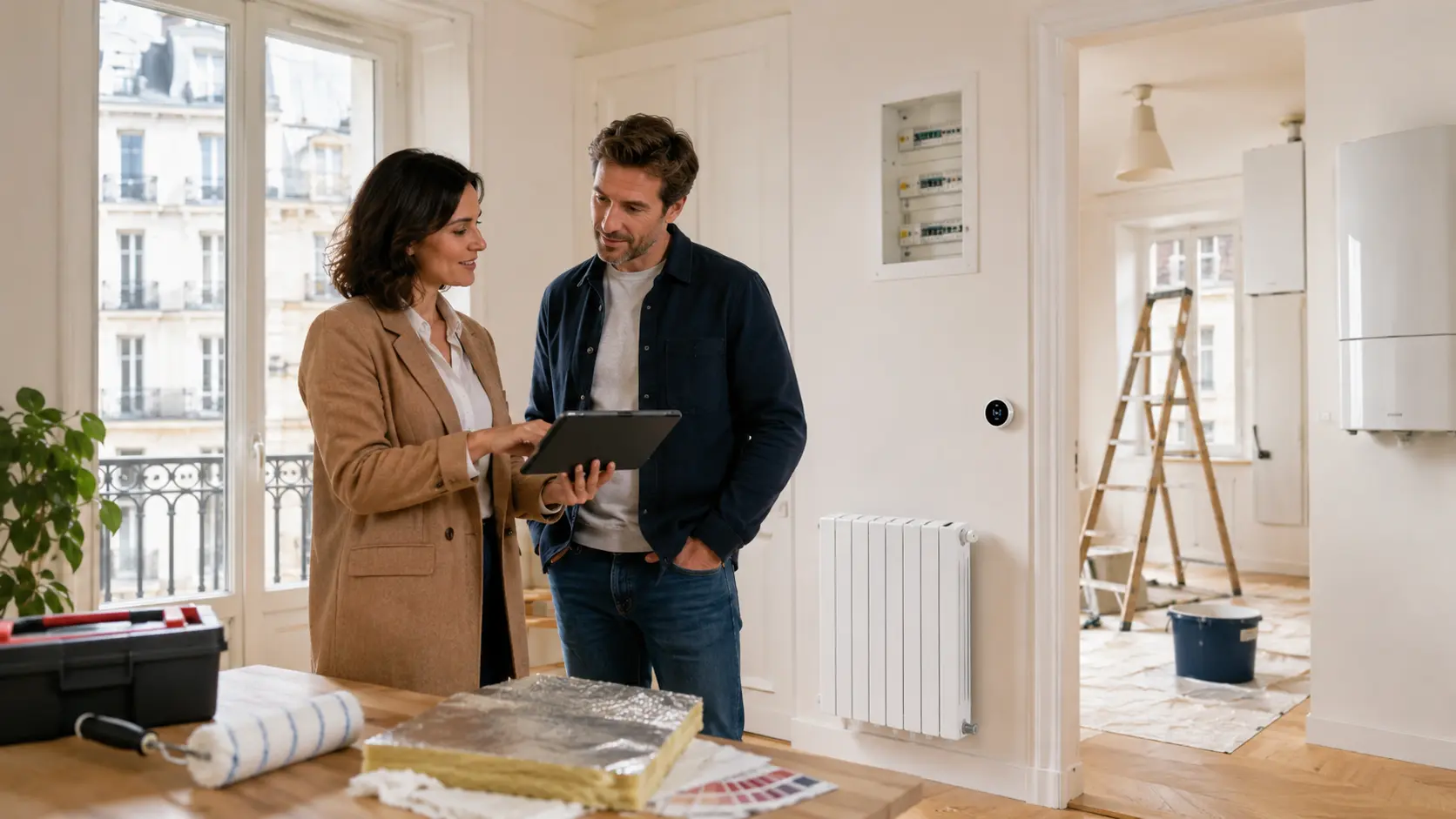 Travaux-renovations-avant-location Une femme expliquant au propriétaire l'ensemble des travaux à réaliser dans son logement avant de pouvoir le mettre en location
